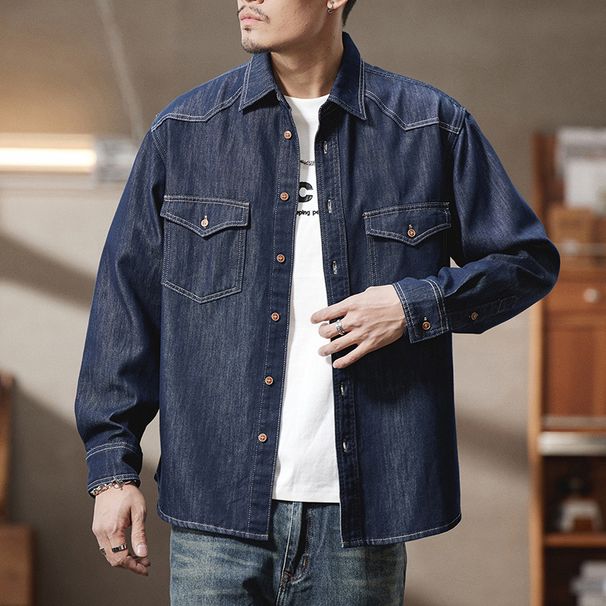 809 # Large Spring/Summer New Product Non Fading Denim Men's Loose And Versatile Original Cow Cardigan Shirt_viptrois.com