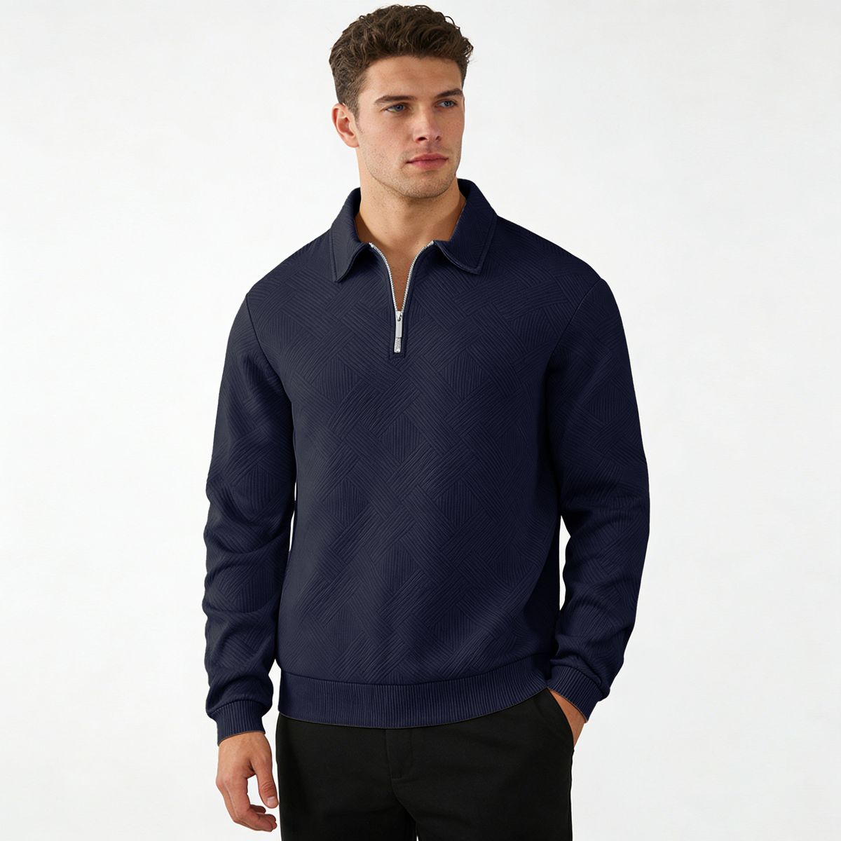 Men's Premium Jacquard Polo Shirt - Long Sleeve Button-Down Collar Sweatshirt For Spring & Autumn, Comfortable & Stylish_viptrois.com