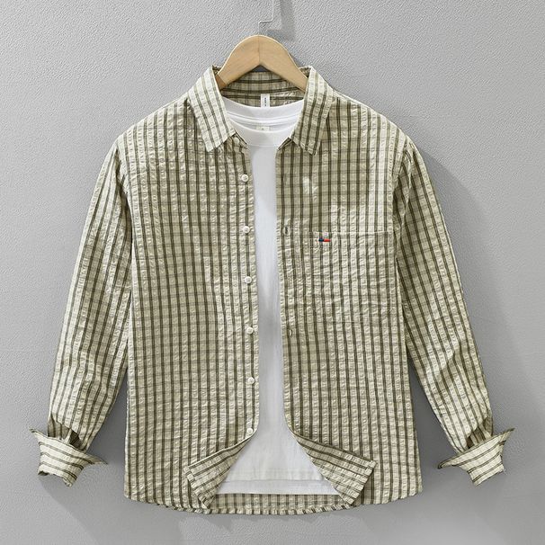 Fresh Plaid Long Sleeved Shirt For Men, Fashionable And Versatile, Artistic And Casual Loose Top_viptrois.com