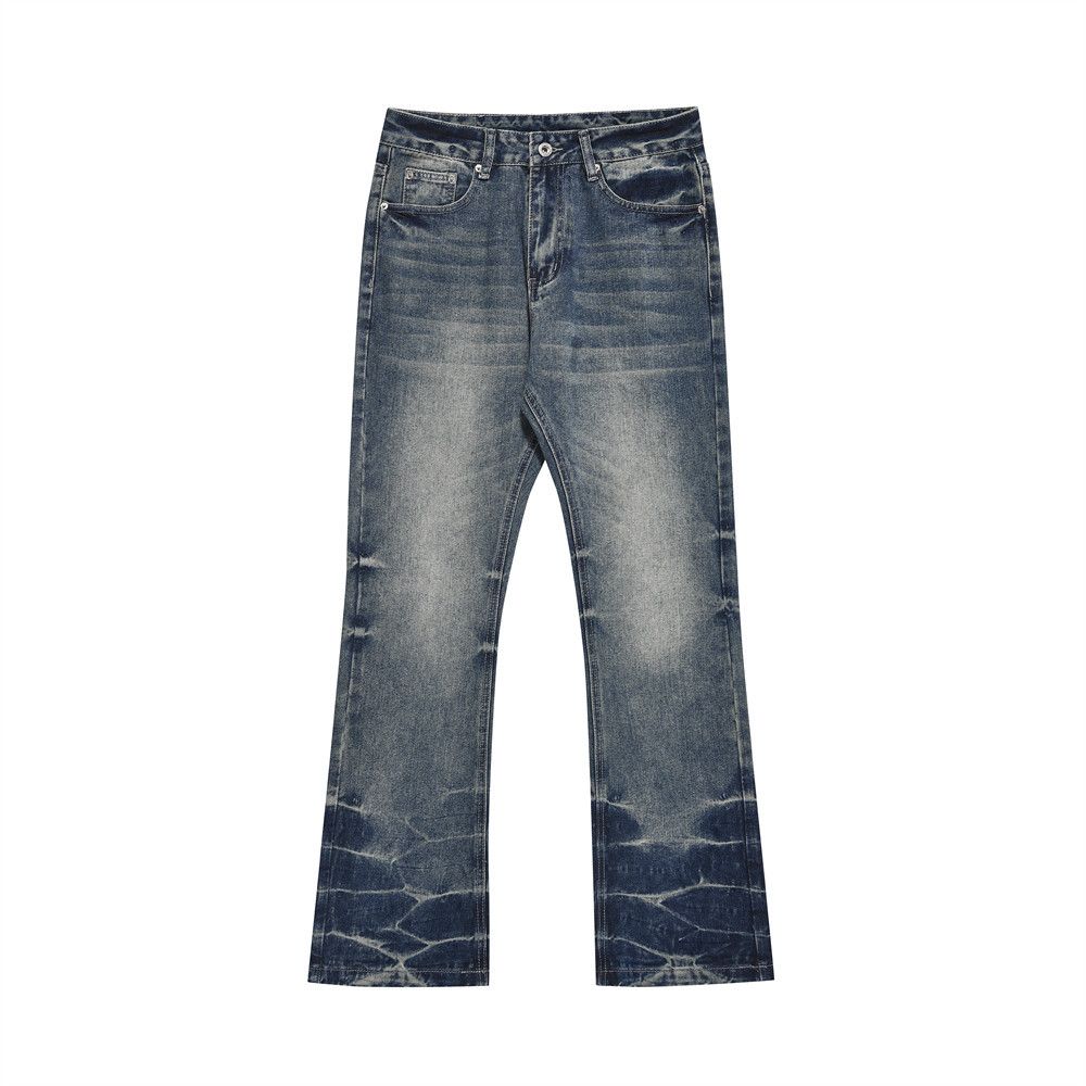 Distressed Washed Denim Jeans For Men - Vintage American Style Wide Leg Flared Bootcut With Tie-Dye & Crease Details_viptrois.com