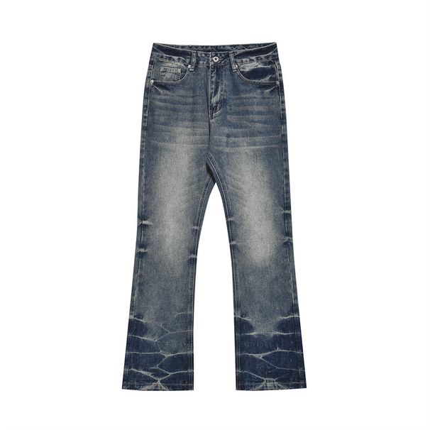 Distressed Washed Denim Jeans For Men - Vintage American Style Wide Leg Flared Bootcut With Tie-Dye & Crease Details_viptrois.com