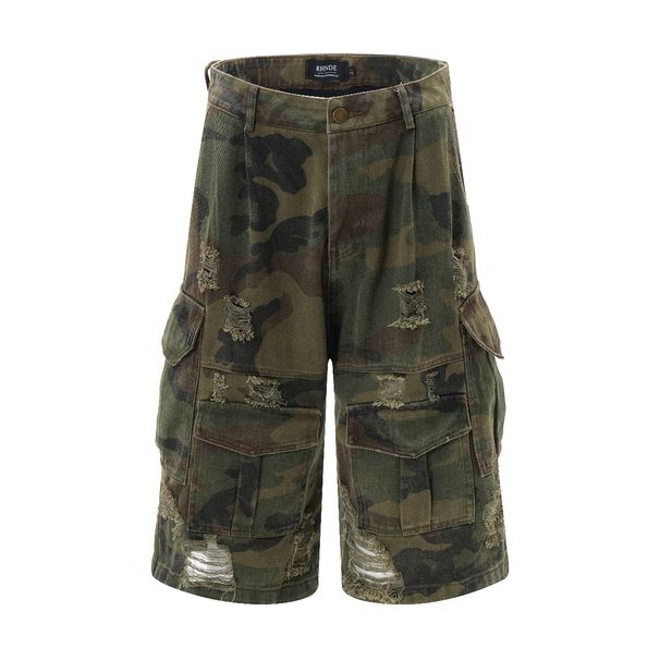 Men's Clothing Destroyed Stone Washed Old Camouflage Cropped Pants American Street Loose Ripped Workwear Shorts Men_viptrois.com