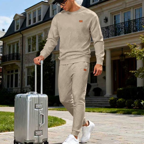 Men's Textured Sweatshirt & Jogger Set - Casual Winter Lounge Wear, Relaxed Fit Two-Piece Outfit With Breathable Fabric_viptrois.com