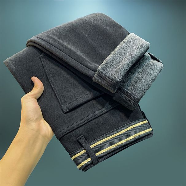 2025 Winter New Plush Thick Jeans Men's Trendy Brand Fashionable High End Loose And Slim Simple Casual Pants_viptrois.com