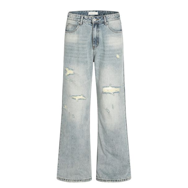 American Style Design Distressed Denim Men's Long Heavy Washed Frayed Wide-Leg Slightly Flared Pants Trendy_viptrois.com