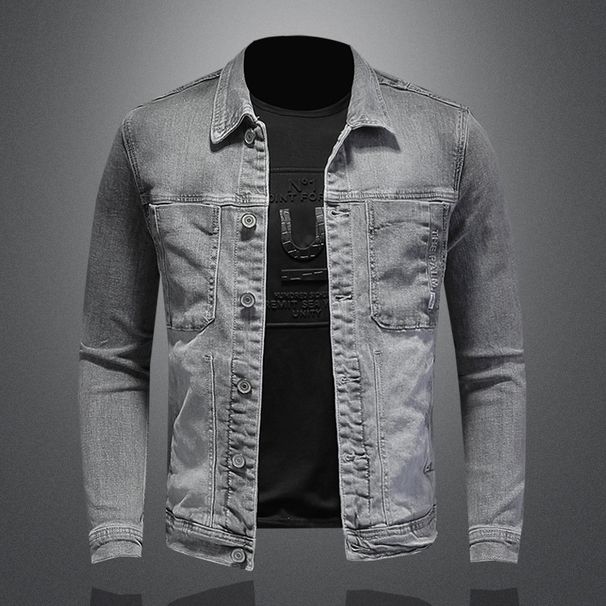Men's Clothes Personalized Grey High Stretch Denim Jacket Jacket For Male Teenagers Embossed Minimalism_viptrois.com