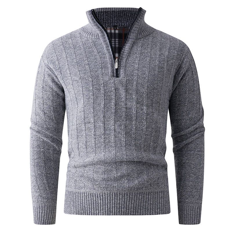 Men's Quarter-Zip Knit Sweater – Winter Thermal Pullover With Stand Collar & Textured Stitch (L-3XL, Slim Fit, Washed Finish, Grey/Deep Navy)_viptrois.com