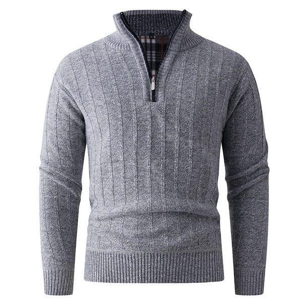 Men's Quarter-Zip Knit Sweater – Winter Thermal Pullover With Stand Collar & Textured Stitch (L-3XL, Slim Fit, Washed Finish, Grey/Deep Navy)_viptrois.com