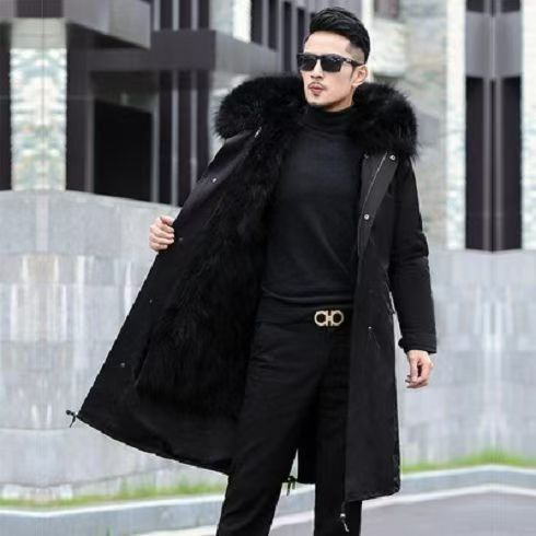 2025 New Men's Imitation Fox And Raccoon Fur Integrated Medium Length Coat Winter Imitation Fur High End Coat_viptrois.com