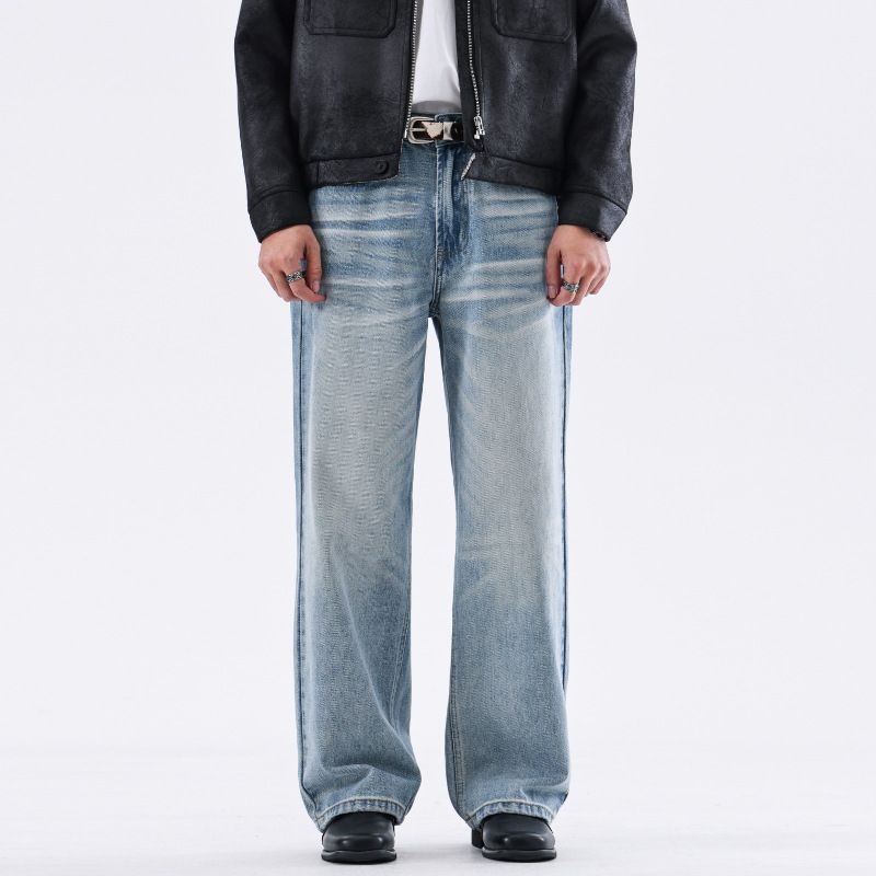 Men's Clothing High Street Sky Blue Washed Jeans Relaxed Straight Fit Vintage Distressed Whiskering Casual Style | Comfortable Cotton (88%)_viptrois.com