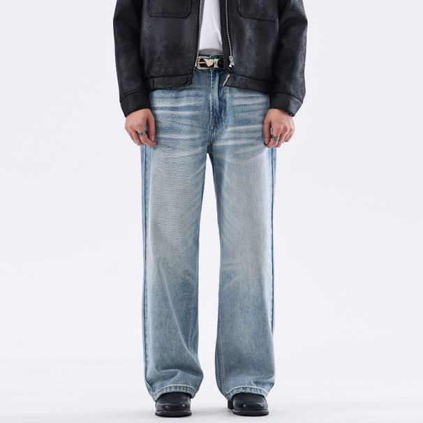 Men's Clothing High Street Sky Blue Washed Jeans Relaxed Straight Fit Vintage Distressed Whiskering Casual Style | Comfortable Cotton (88%)_viptrois.com