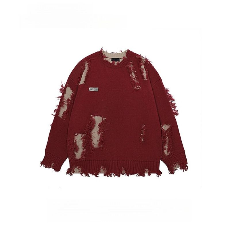 Small Niche Fringed Design Sweater With Wide And Loose Hem, Perforated Knit Sweater_viptrois.com