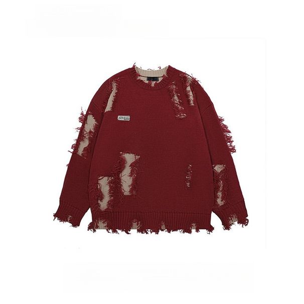 Small Niche Fringed Design Sweater With Wide And Loose Hem, Perforated Knit Sweater_viptrois.com