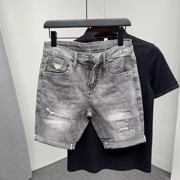 Summer New Denim Shorts Five Quarter Brand Slightly Wide Printed Trendy Korean Version Elastic Tear Hole Middle Men's_viptrois.com