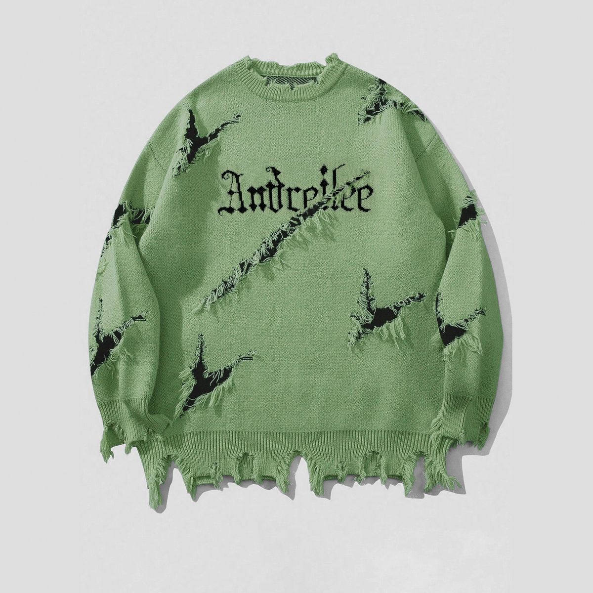 Men's Distressed Jacquard Knit Sweater – Raw Edge Letter Design Oversized Pullover (Fruit Green/Black/Khaki/Dark Gray/Apricot, Sizes S-XXL)_viptrois.com