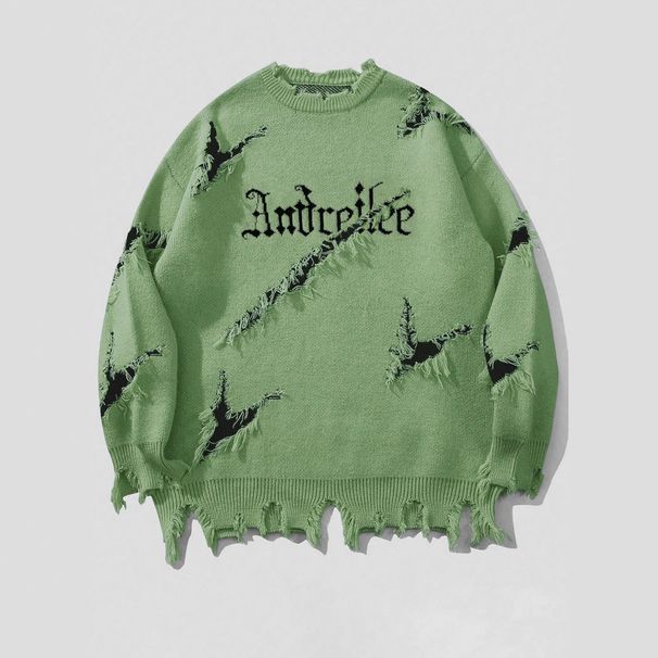Men's Distressed Jacquard Knit Sweater – Raw Edge Letter Design Oversized Pullover (Fruit Green/Black/Khaki/Dark Gray/Apricot, Sizes S-XXL)_viptrois.com