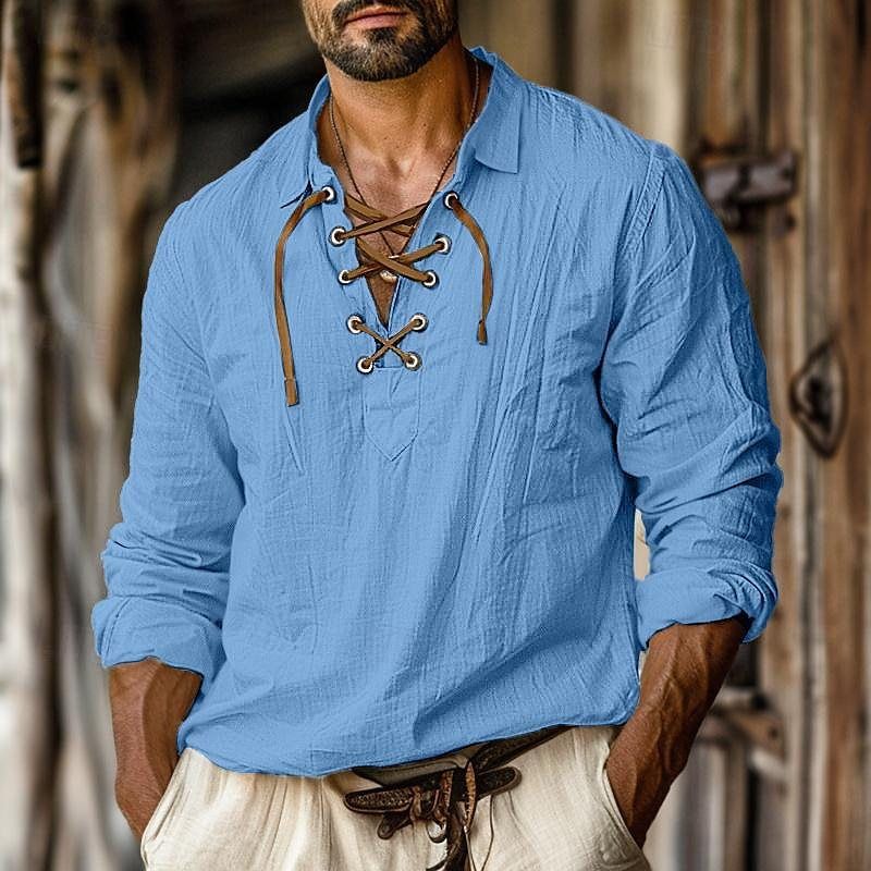 Men's Clothing European And American Men's New Cotton And Linen Lapel Loose Shirt Home Pullover V Neck Tie Long Sleeved Shirt Men's Clothing_viptrois.com