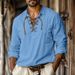 Men's Clothing European And American Men's New Cotton And Linen Lapel Loose Shirt Home Pullover V Neck Tie Long Sleeved Shirt Men's Clothing_viptrois.com