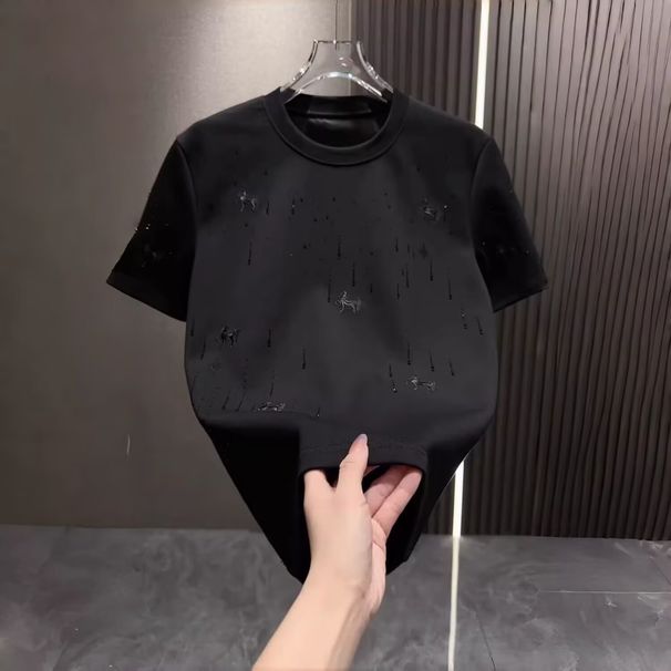 Men's Clothing Summer Fashionable Crew Neck T-Shirt For Men Trendy Elegant Short Sleeve With Rhinestones And Embroidery Handsome Top_viptrois.com