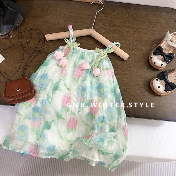 Summer Girls Floral Dress Baby Korean Version Children's Clothing Girl Stylish Tulip Sling Princess Dress Trendy Foreign Trade_viptrois.com