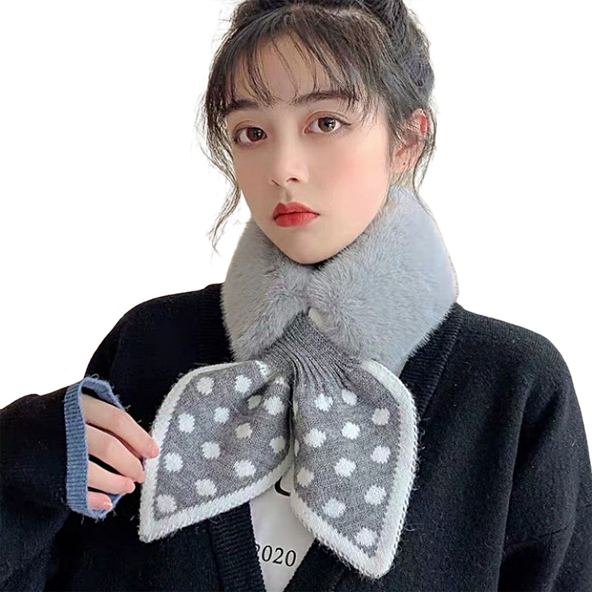 Drivedirect Women Scarf Plush Dot Print Fishtail Knot Solid Color Cross Keep Warm Fish Tail Shape Thicken Rabbit Fur Collar Scarf for Outdoor_viptrois.com