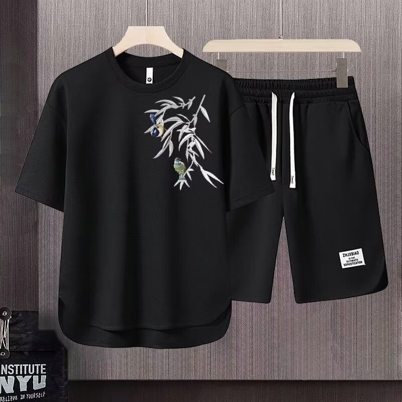 Men's Clothing 2024 Waffle Casual Summer Suit Men's Loose Teen Short sleeved T shirt Shorts Handsome Two piece Suit_viptrois.com