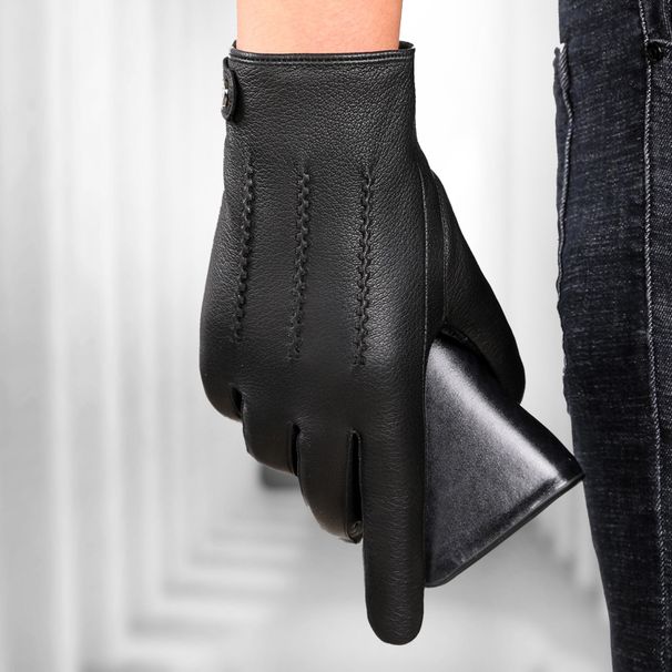 Genuine leather gloves for men autumn and winter warm plus velvet thick driving and cycling simple business handsome deerskin sheepskin trend_viptrois.com