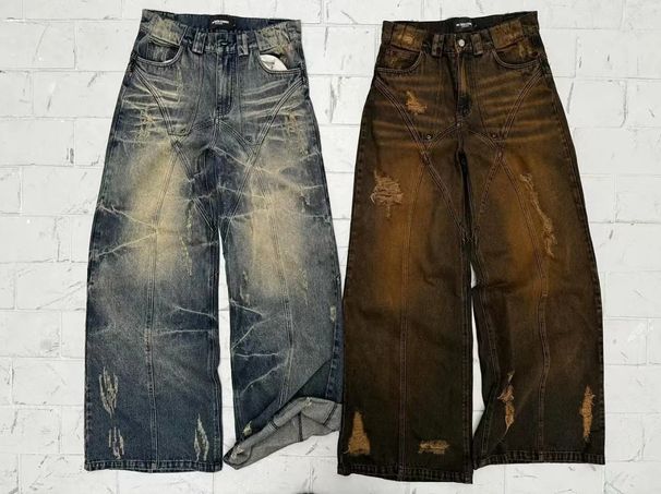 Men's Clothing high street straight yellow mud dyed jeans loose men and women retro long pants trendy boys mud color_viptrois.com