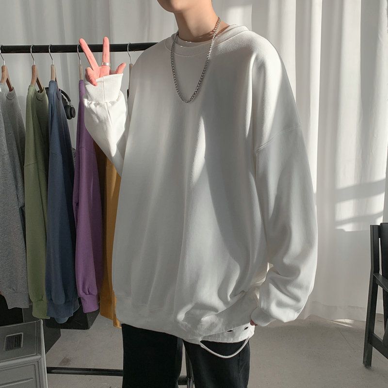 Spring Crew Neck Long Sleeve T-Shirt Men's Solid Color Bottom Shirt Top Pink Hatless Spring Sweater_viptrois.com