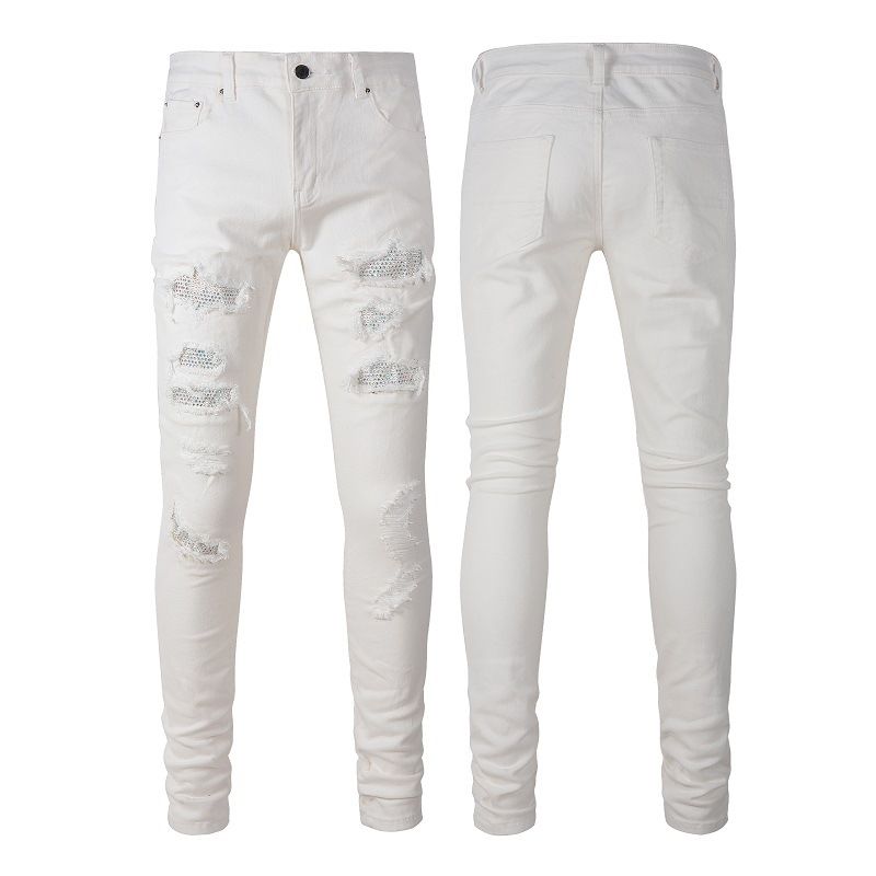 Men's Clothing jeans white diamond ripped patch high street elastic slim fit vintage jeans_viptrois.com