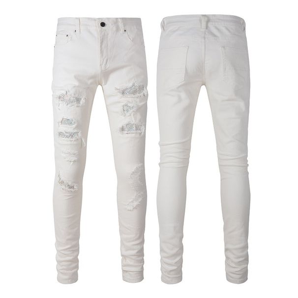 Men's Clothing jeans white diamond ripped patch high street elastic slim fit vintage jeans_viptrois.com