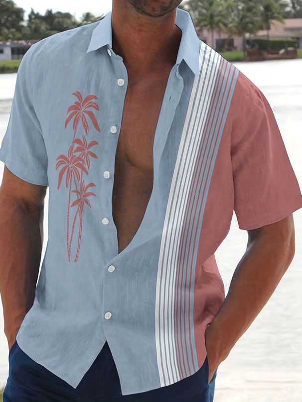 Men's Clothing 2025 Summer New Leisure Sports Versatile High Quality Printed Striped Short Sleeve Shirt_viptrois.com