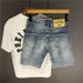 Men's Clothing Men's Distressed Denim Shorts With Embroidery & Splatter Design - Stretchable Casual Streetwear Mid-Length Cargo Shorts (Light Blue)_viptrois.com