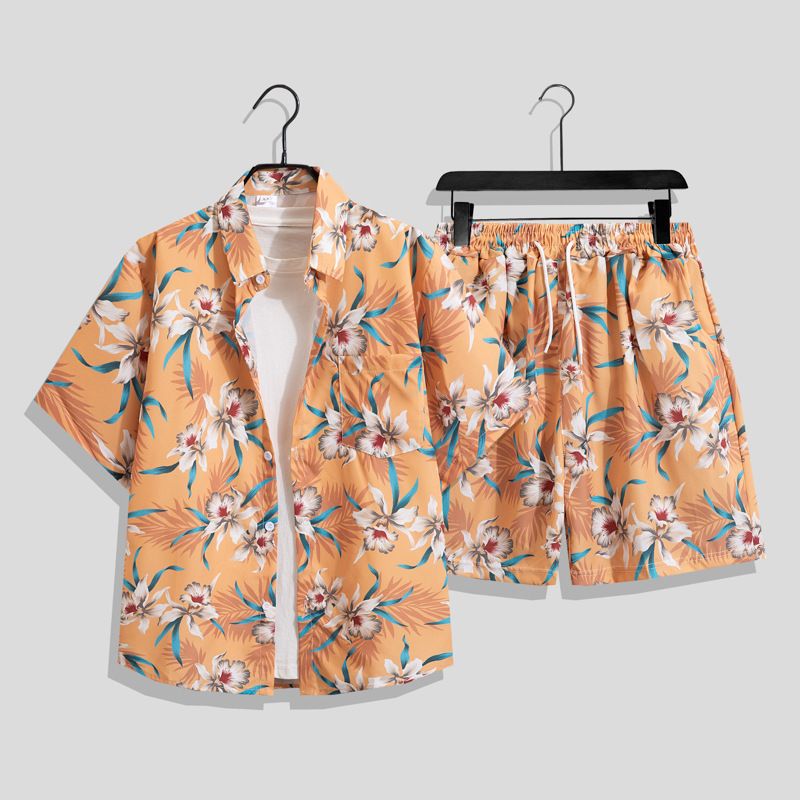 Men's Clothing Ins Summer Loose Short Sleeved Shorts Suit Trendy Handsome Beach Floral Couple Clothes_viptrois.com