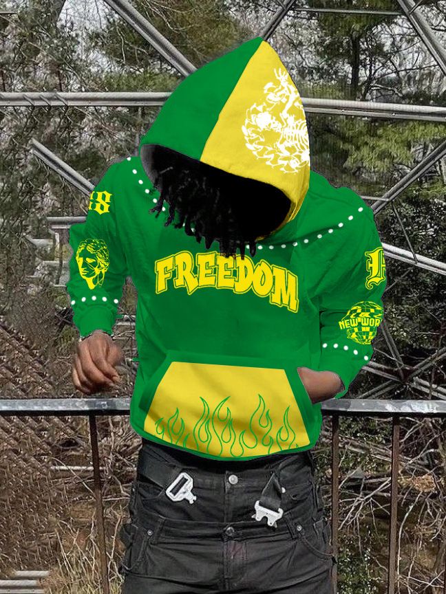Men's Clothing Street Style Hoodie, Green And Yellow Color Block, FREEDOM Flame Print Fashion Hoodie_viptrois.com