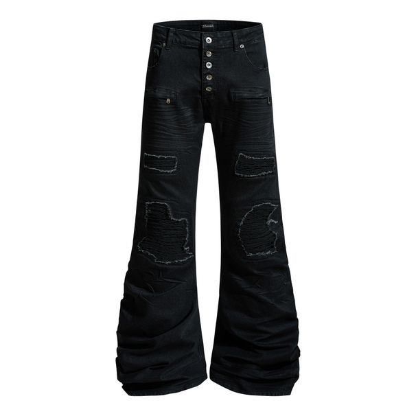 Punk Ripped Patchwork Denim Flared Pants Men's Hippie Trendy Vibes Heavy Pleated Stacked Floor-Length Trousers_viptrois.com