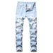 Cross-Border Clothing Ripped Straight Slim Fit Non-Stretch Tattered Men's Light Color Denim Trousers Jeans_viptrois.com