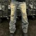 Men's Distressed Washed Ripped Jeans High Street Grunge Style Patchwork Splatter Paint Loose Straight Leg Flared Hem_viptrois.com