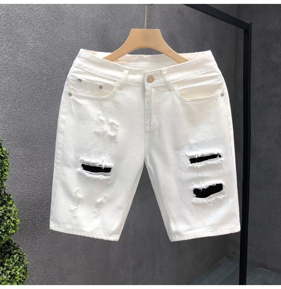Patch Ripped Denim Trendy Brand Loose Straight Five Quarter Pants Men's Summer Thin White Casual Shorts_viptrois.com