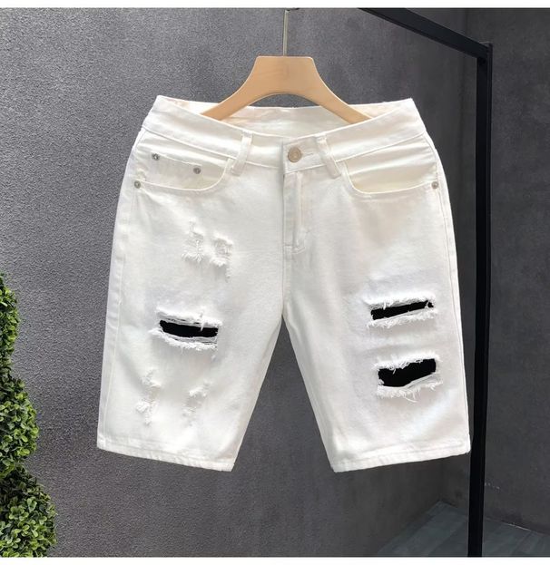 Patch Ripped Denim Trendy Brand Loose Straight Five Quarter Pants Men's Summer Thin White Casual Shorts_viptrois.com