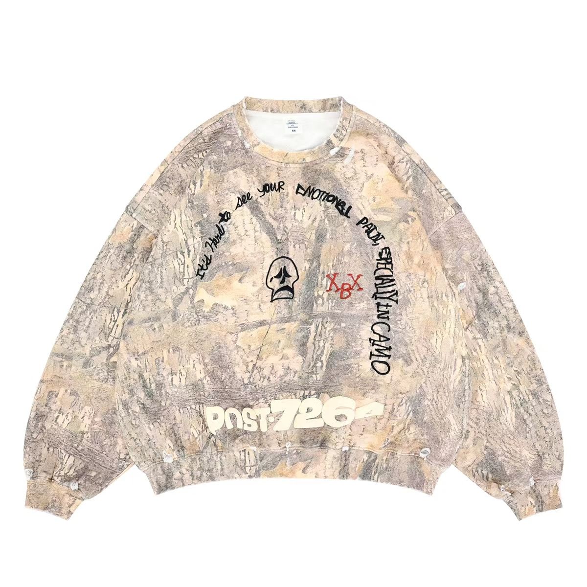 Autumn Winter New Trendy Brand Camouflage Frayed Cut Foam Embroidered Terry Crew Neck_viptrois.com