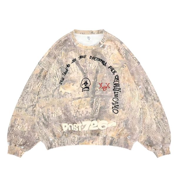 Autumn Winter New Trendy Brand Camouflage Frayed Cut Foam Embroidered Terry Crew Neck_viptrois.com