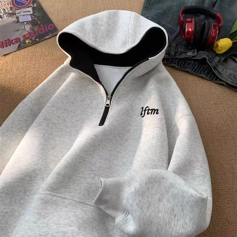 Men's Color Block Embroidered Fleece Hoodie – Heavyweight Half-Zip Pullover With Velvet Lining, Oversized Fit For Teens & Students_viptrois.com