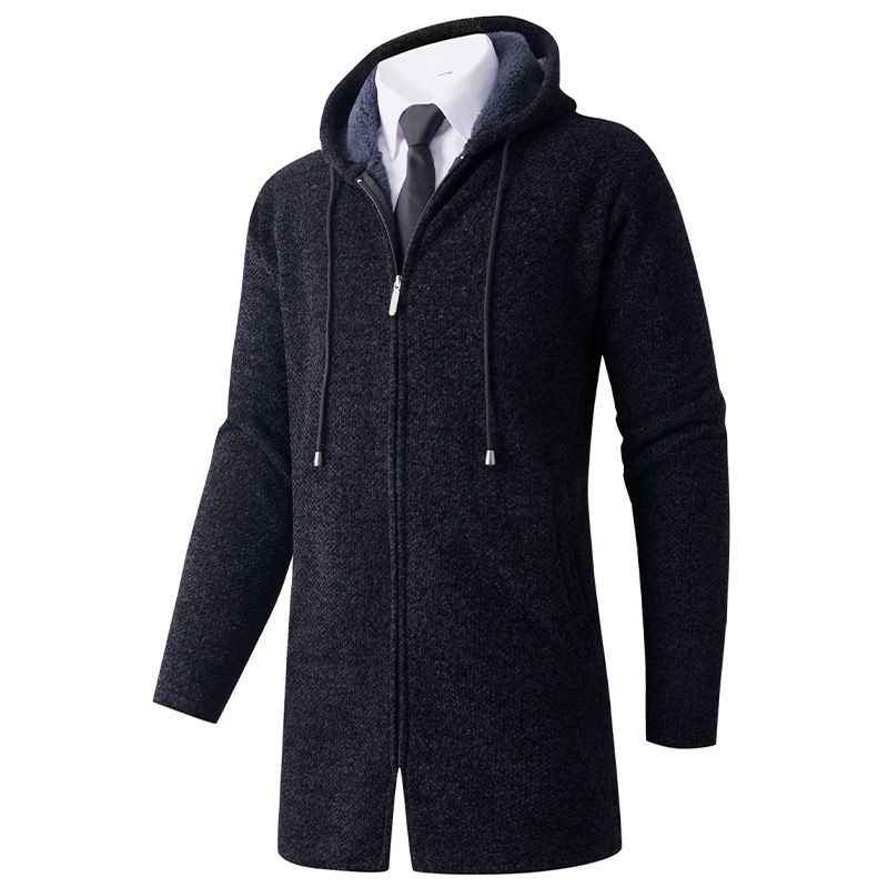 Men's Hooded Fleece-Lined Long Coat Sweater - Slim Fit Knit Cardigan For Autumn & Winter (Dark Gray, Light Gray, Blue, Black)_viptrois.com