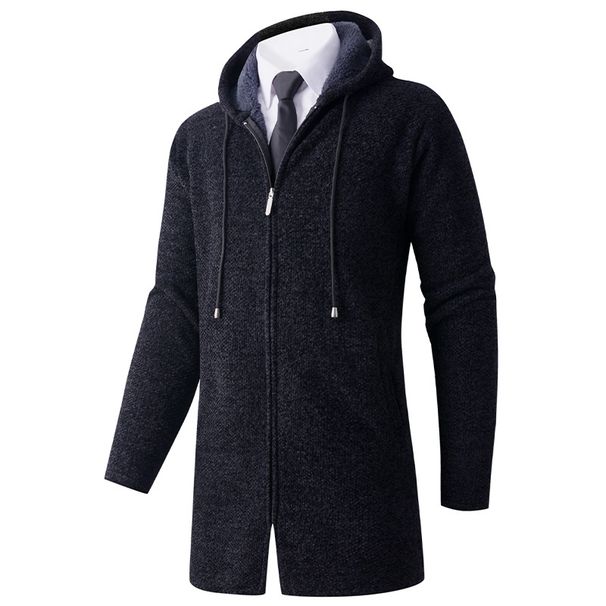 Men's Hooded Fleece-Lined Long Coat Sweater - Slim Fit Knit Cardigan For Autumn & Winter (Dark Gray, Light Gray, Blue, Black)_viptrois.com