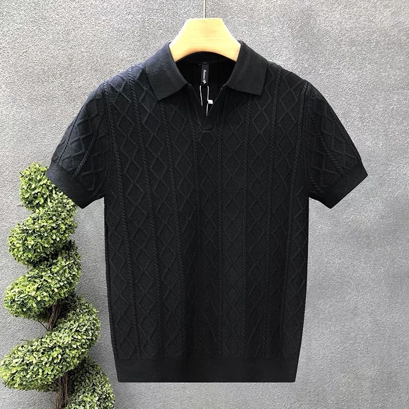 Men's Textured Knit Polo Shirt – Short Sleeve Casual Top With Contrast Collar (M-3XL, White/Black/Grey/Brown, Slim & Relaxed Fit)_viptrois.com