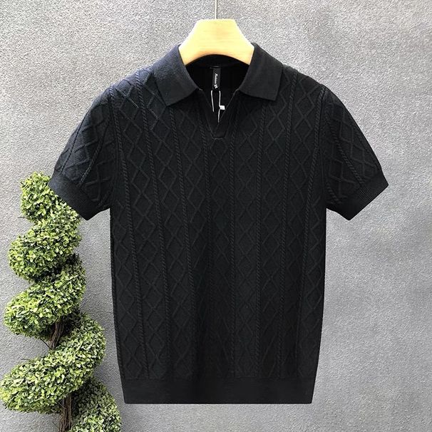 Men's Textured Knit Polo Shirt – Short Sleeve Casual Top With Contrast Collar (M-3XL, White/Black/Grey/Brown, Slim & Relaxed Fit)_viptrois.com