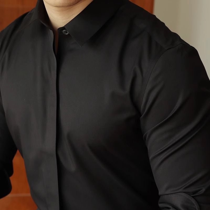 Men's Clothing Light Luxury Dark Placket White Formal Shirt Men's Light Business Dark Button Solid Color Casual Long Sleeve Shirt Drape Inch Shirt_viptrois.com
