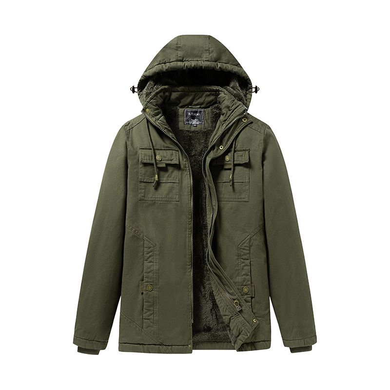 Men's Vintage Workwear Jacket - Heavyweight Cotton Fleece-Lined Coat With Utility Pockets For Winter (Black/Khaki/Army Green)_viptrois.com