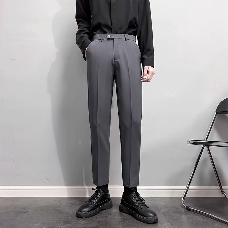 Men's Slim Fit Cropped Trousers Casual Summer Style Flowy Professional Formal Suit Trendy Mature Regular Trousers_viptrois.com